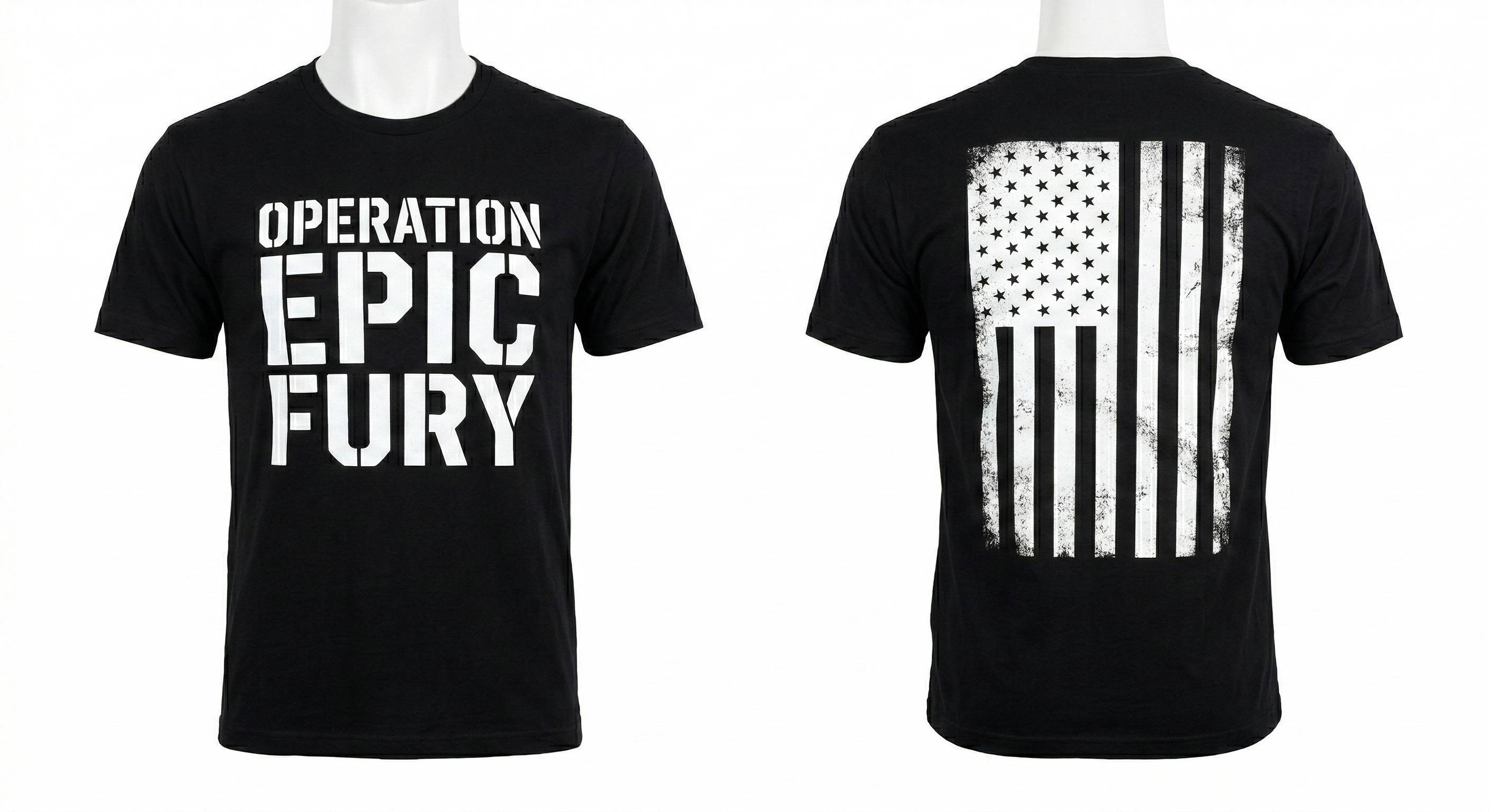 Operation Epic Fury T-Shirt - Front shows bold OPERATION EPIC FURY text, back features distressed American flag